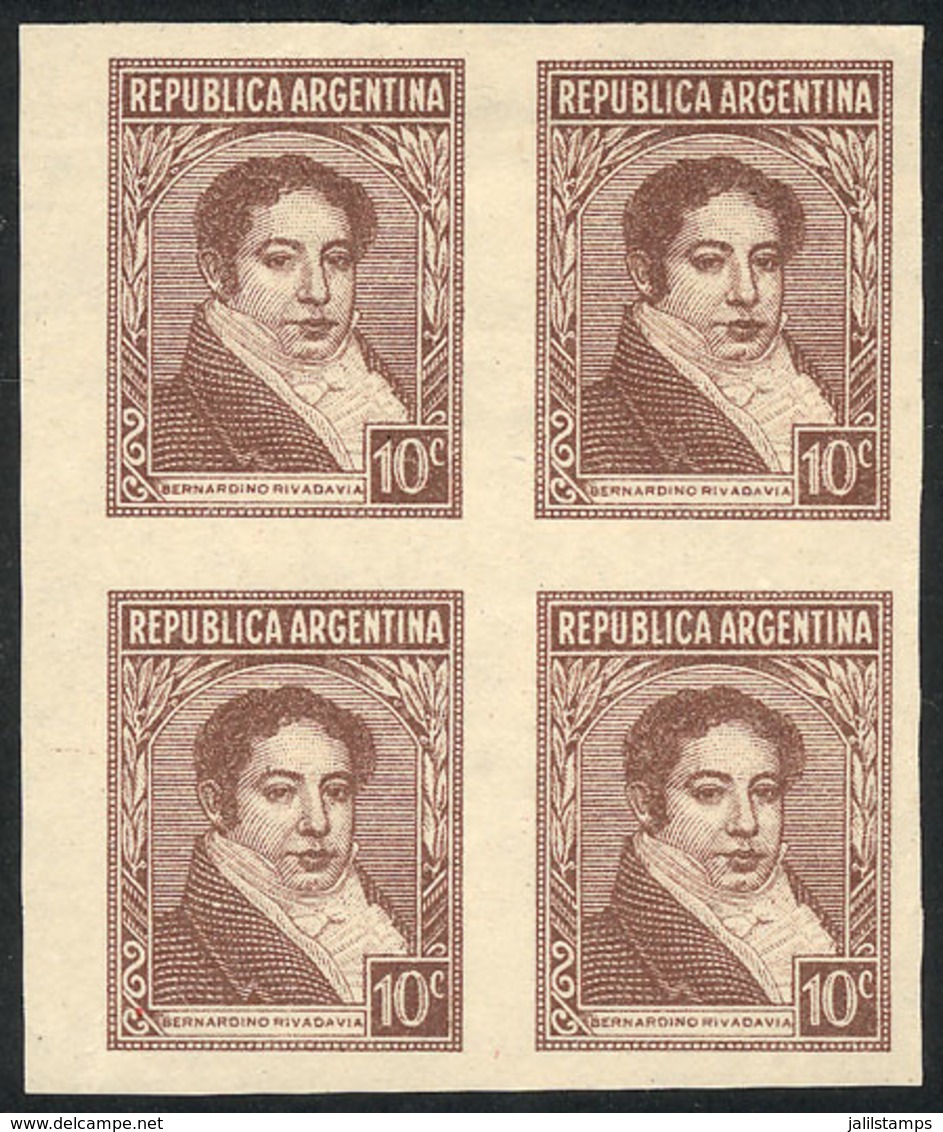 ARGENTINA: GJ.747, 1935 10c. Rivadavia, PROOF In The Issued Color, Imperforate Block Of 4 Printed On Paper With Glazed F - Autres & Non Classés