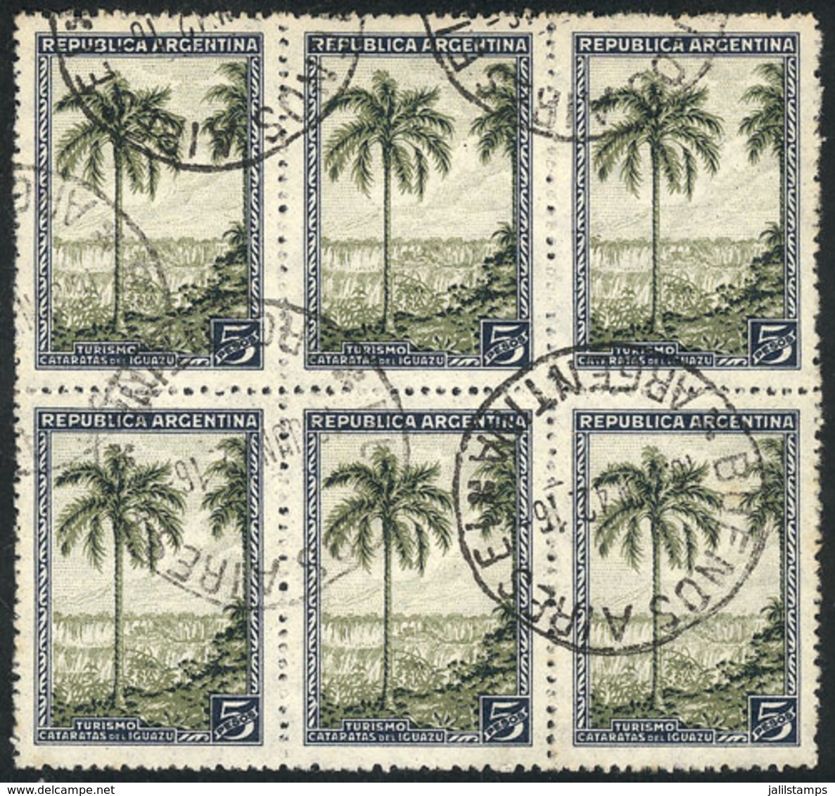 ARGENTINA: GJ.763, 5P. Iguazú Falls, Used Block Of 6, VF Quality, Rare! - Sonstige & Ohne Zuordnung