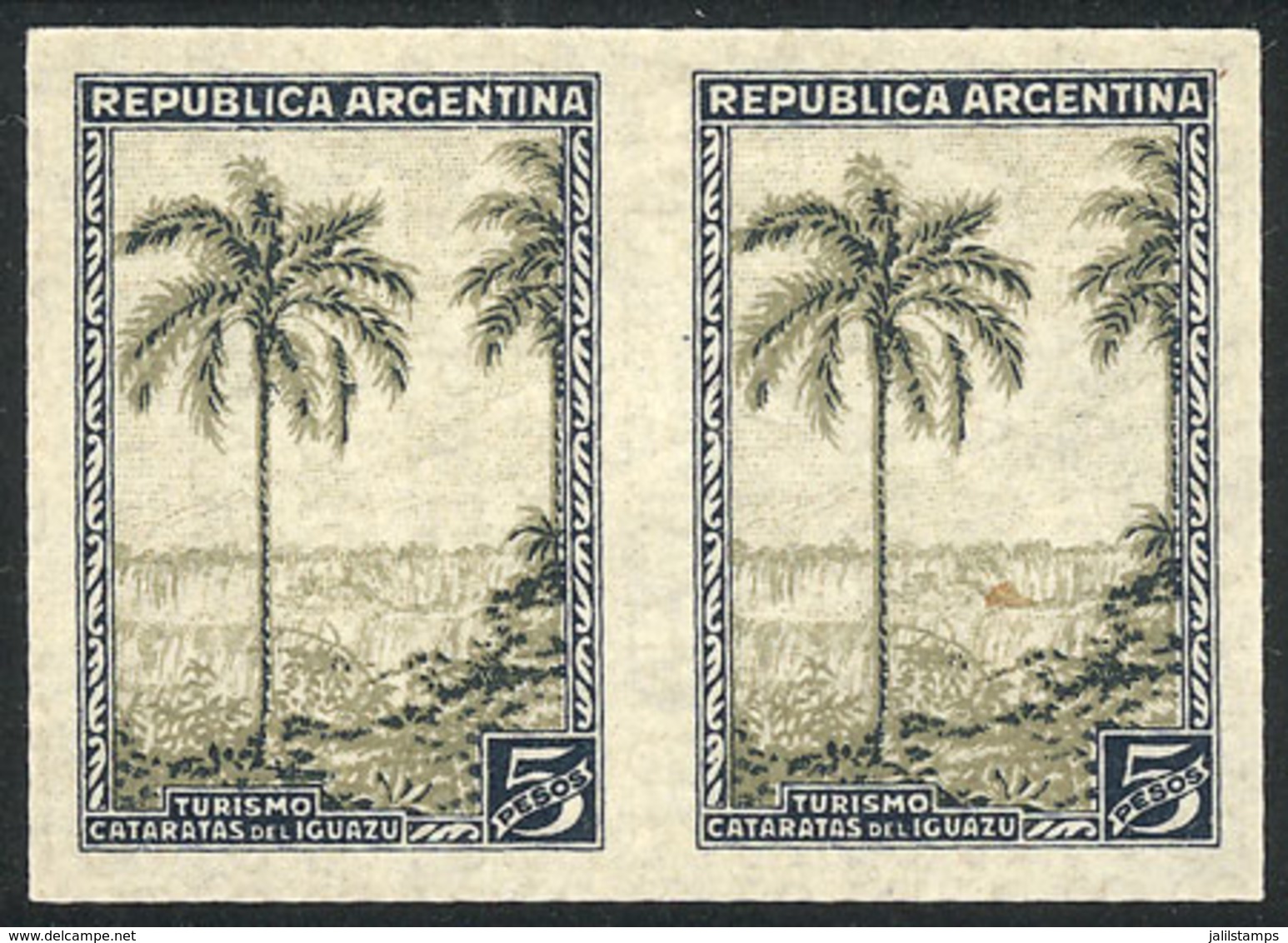 ARGENTINA: GJ.763, 1935 5P. Iguazú Falls, PROOF In The Issued Colors, Imperforate Pair Printed On Paper For Specimens Wi - Andere & Zonder Classificatie