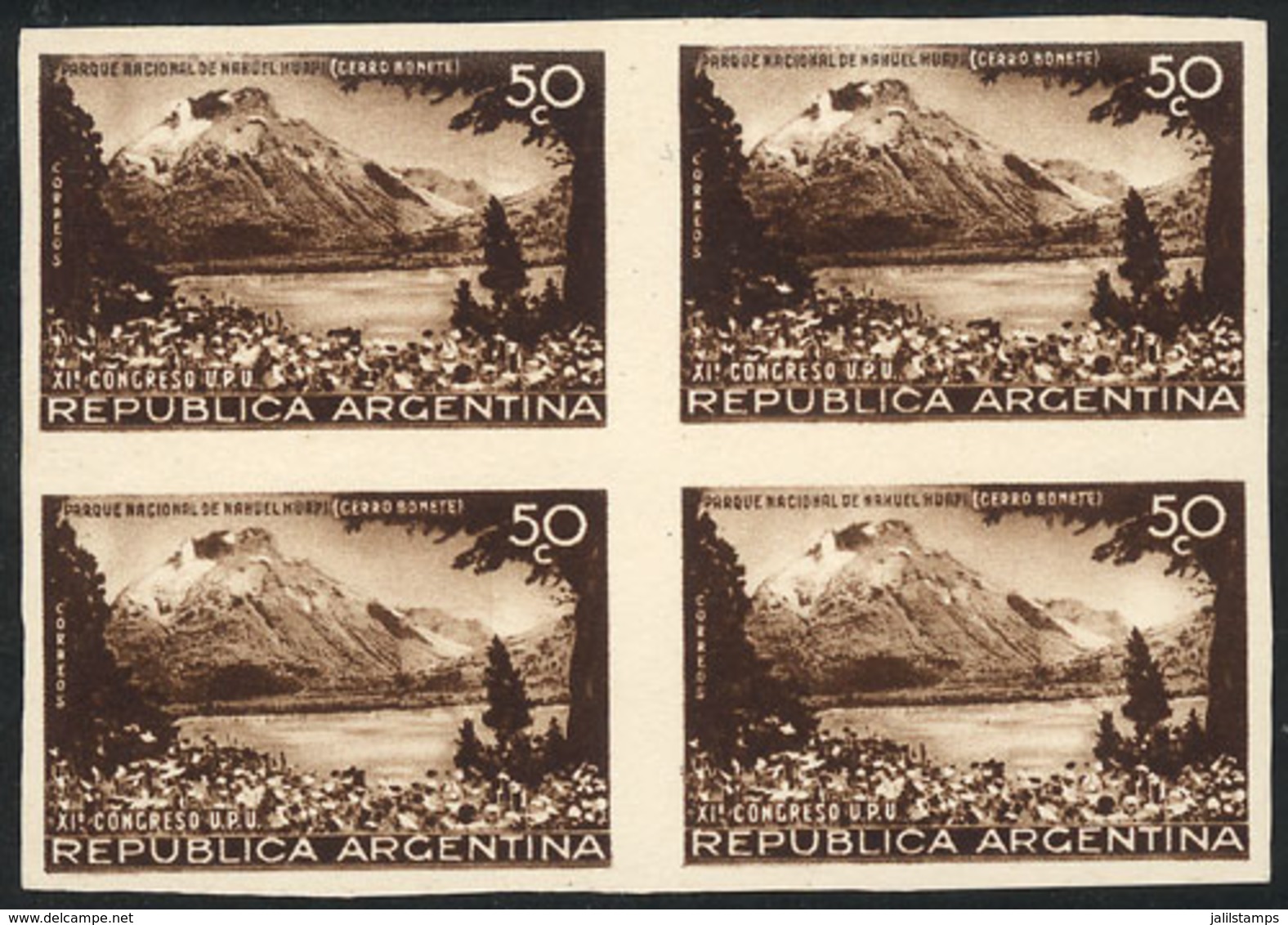 ARGENTINA: GJ.827, 1939 UPU Congress 50c. (lake, Trees And Mountains), PROOF In The Issued Color, Imperforate Block Of 4 - Other & Unclassified