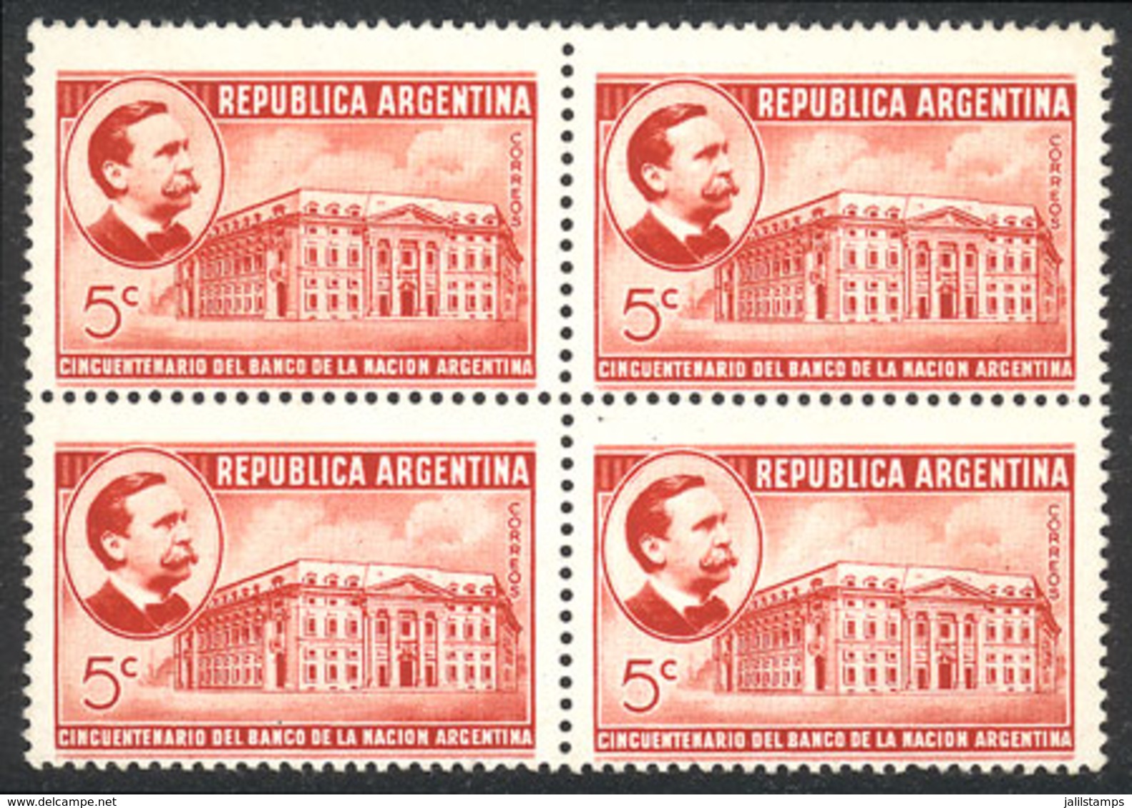 ARGENTINA: GJ.853, 1941 Banco De La Nación, Proof In Orangish Red, Perforated Block Of 4 On Unwatermarked Paper, VF! - Sonstige & Ohne Zuordnung