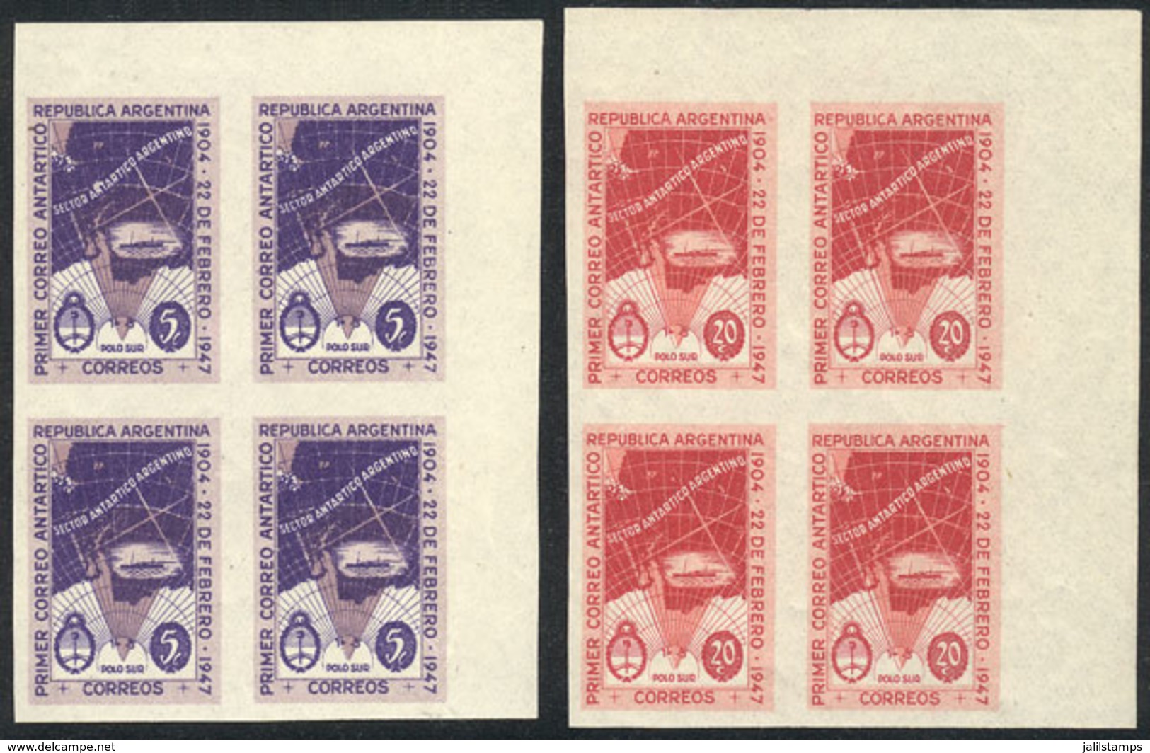 ARGENTINA: GJ.943P + 944P, 1947 First Antarctic Post, Set Of 2 Unwatermarked IMPERFORATE Blocks Of 4, Sheet Corner, Fant - Andere & Zonder Classificatie