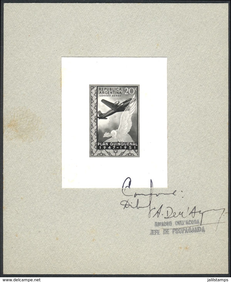 ARGENTINA: GJ.998, 1951 Quinquenal Plan 20c., Bird (condor) And Airplane, PHOTOGRAPHIC PROOF Of The Adopted Design, Sign - Otros & Sin Clasificación