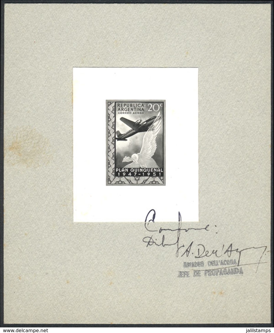 ARGENTINA: GJ.998, 1951 Quinquenal Plan 20c., Bird (condor) And Airplane, PHOTOGRAPHIC PROOF Of The Adopted Design, Sign - Sonstige & Ohne Zuordnung