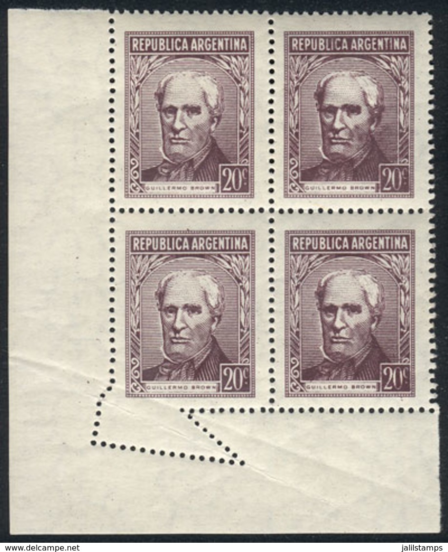 ARGENTINA: GJ.1038, 20c. Brown Type C, Corner Block Of 4 With Notable PERFORATION VARIETY In Corner, VF! - Autres & Non Classés