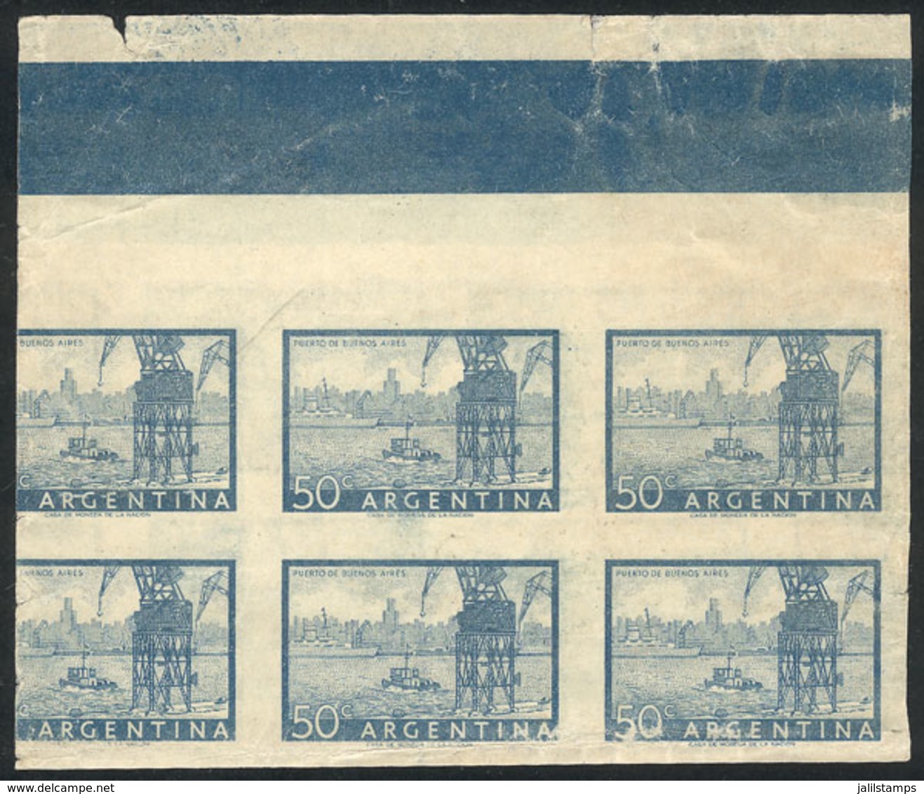 ARGENTINA: GJ.1042, 1954 50c. Port Of Buenos Aires (ships), PROOF In The Issued Color, Imperforate Block Of 4 Printed On - Otros & Sin Clasificación