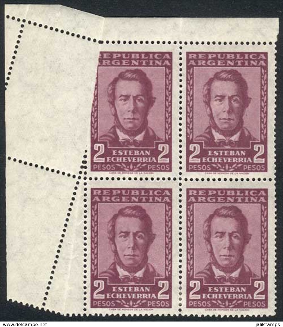 ARGENTINA: GJ.1048, 1954/7 2P. Echeverría, Block Of 4 With Spectacular Perforation VARIETY Creating A Diagonal Label On  - Other & Unclassified