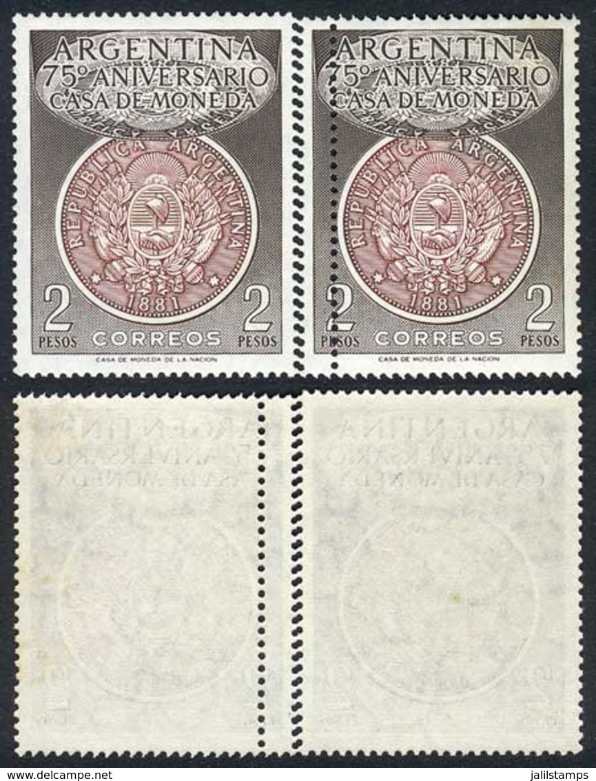 ARGENTINA: GJ.1064, 1956 Casa De Moneda (old Silver Coin, "Patacón"), Pair With Variety: TRIPLE CENTRAL PERFORATION, VF! - Autres & Non Classés