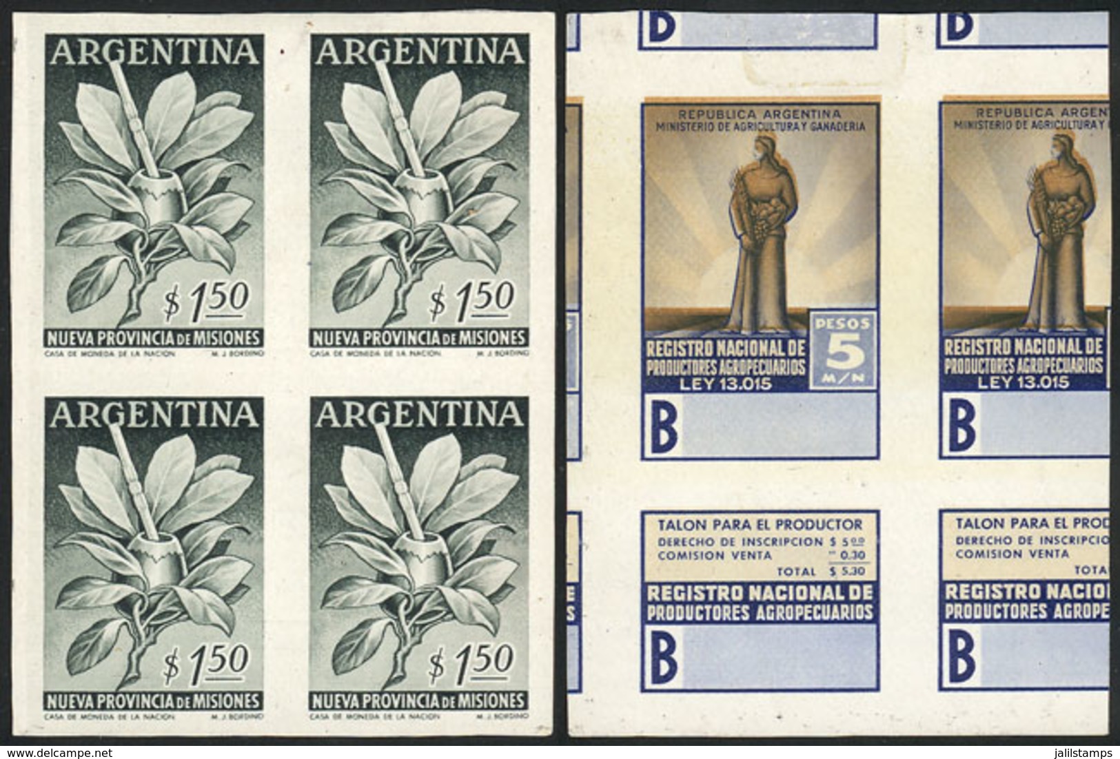 ARGENTINA: GJ.1070, 1956 1.50P. YERBA MATE (new Province Of Misiones), PROOF In The Adopted Color, Imperforate Block Of  - Sonstige & Ohne Zuordnung