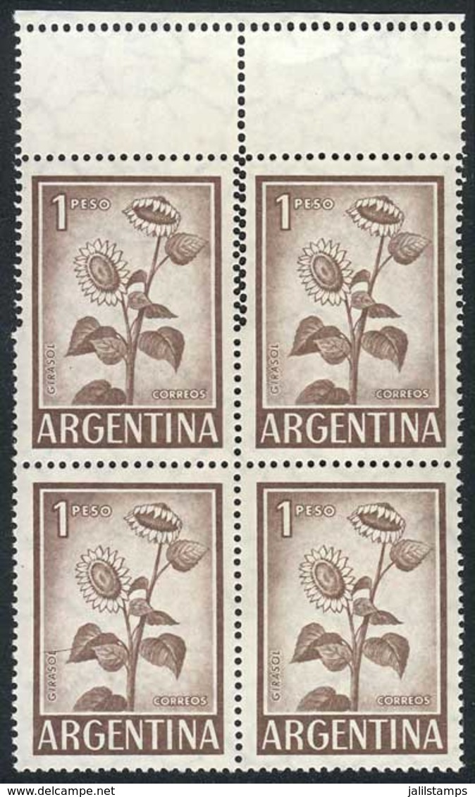 ARGENTINA: GJ.1128A, 1959/64 1P. Sunflower, Block Of 4 With VARIETY: Double Perforation At Top, Creating 2 Small Labels, - Other & Unclassified