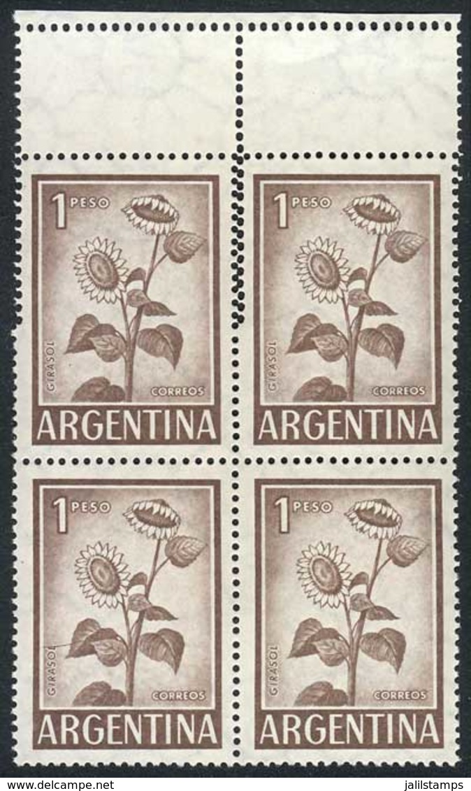 ARGENTINA: GJ.1128A, 1959/64 1P. Sunflower, Block Of 4 With VARIETY: Double Perforation At Top, Creating 2 Small Labels, - Sonstige & Ohne Zuordnung