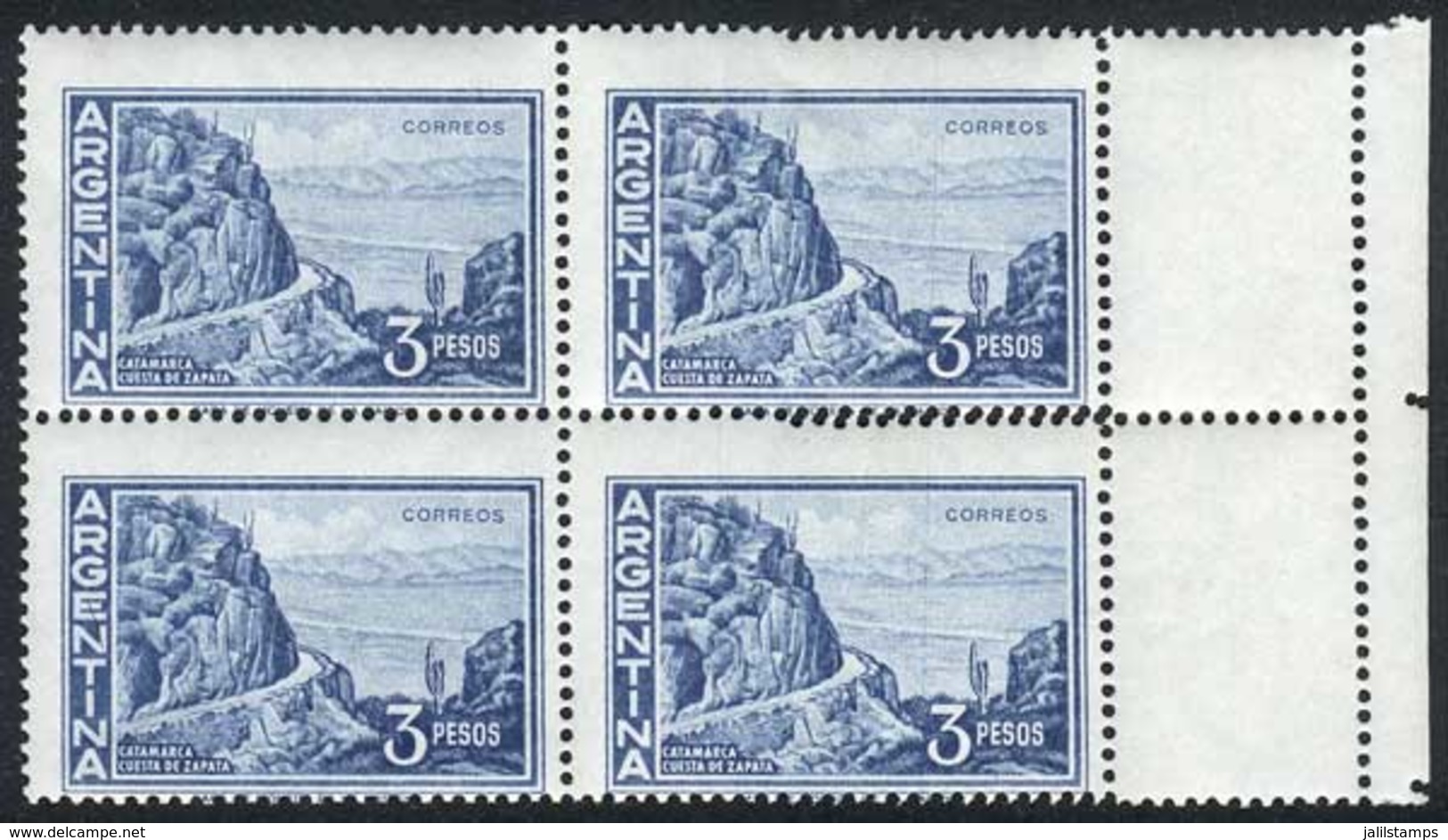 ARGENTINA: GJ.1137A, 1959/64 3P. Cuesta De Zapata (mountains) Printed On Chalky Paper, Block Of 4 With VARIETY: The Righ - Other & Unclassified