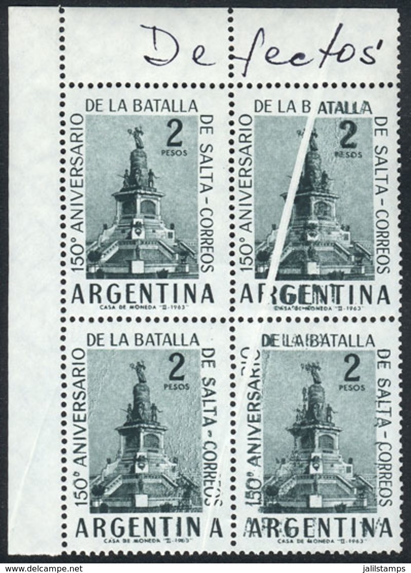 ARGENTINA: G.1247, 1963 Salta Battle, Corner Block Of 4 With Large Paper Fold That Caused The Right Stamps To Have DOUBL - Sonstige & Ohne Zuordnung