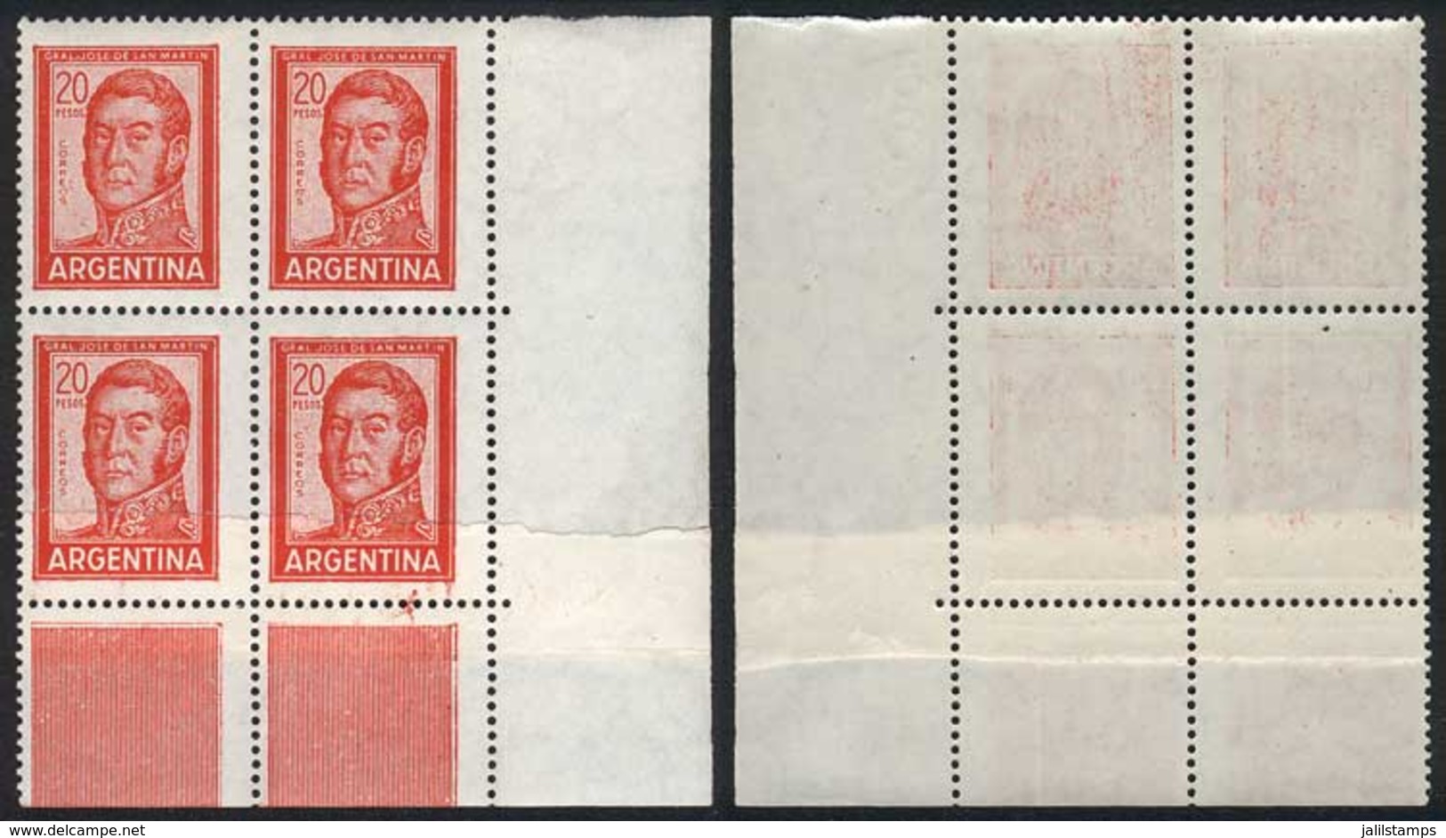 ARGENTINA: GJ.1310, 1965/8 20P. San Martín, Block Of 4 With PAPER OVERLAP Variety, VF! - Sonstige & Ohne Zuordnung