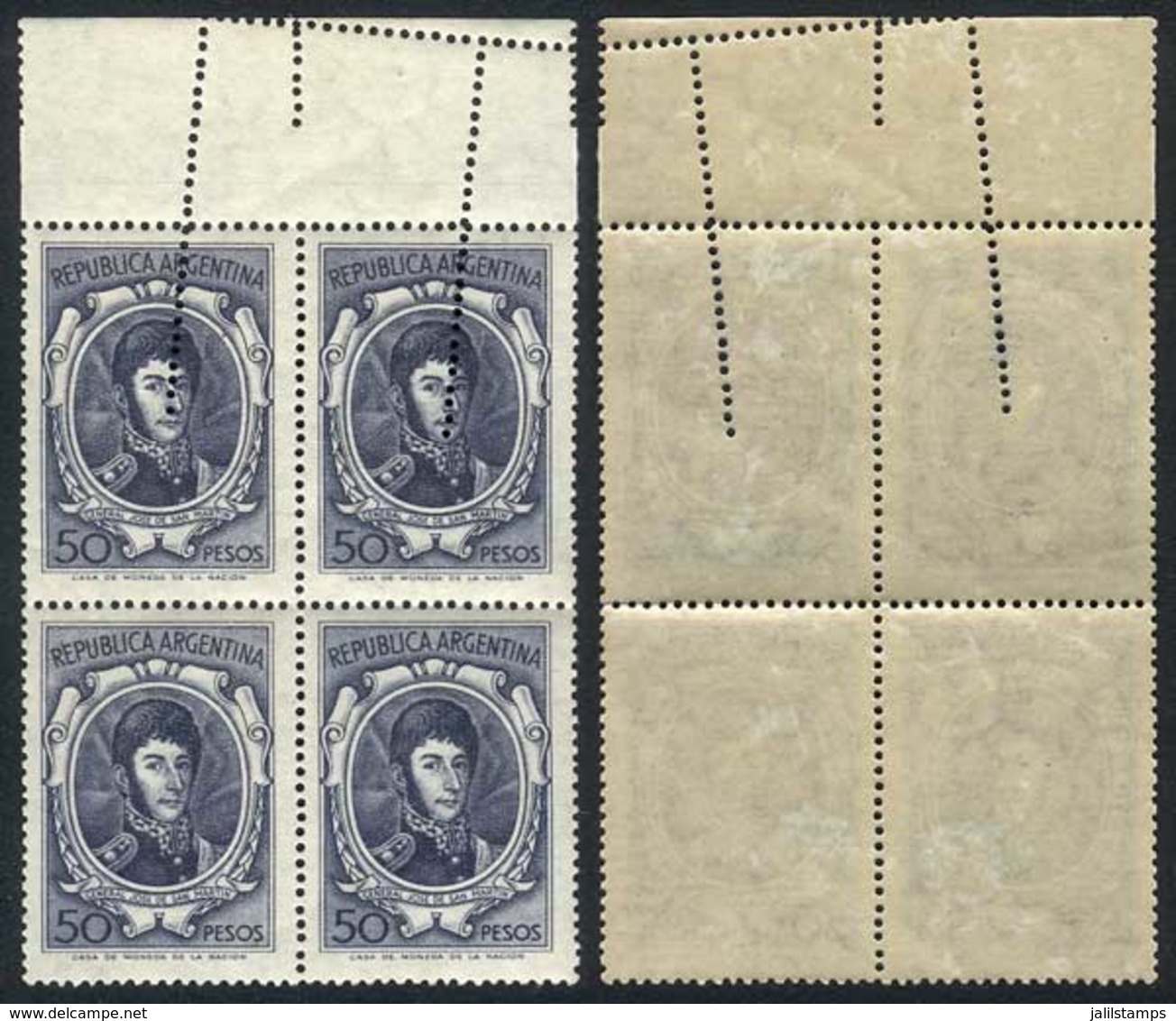 ARGENTINA: GJ.1318A, 1965/8 50P. San Martín Printed On National Unsurfaced Paper, Block Of 4 With Variety: Perforation R - Other & Unclassified