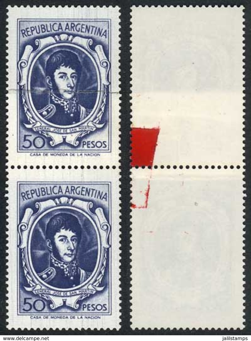 ARGENTINA: GJ.1493, 1969/71 50P. San Martín Unwatermarked, Pair With PAPER OVERLAP Variety. On Reverse The Papers Are Jo - Andere & Zonder Classificatie