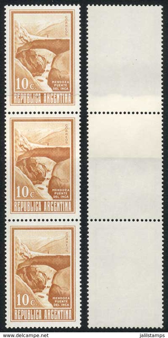 ARGENTINA: GJ.1527, 1970/3 10c. Incan Bridge, Strip Of 3 With PAPER OVERLAP Variety, VF! - Sonstige & Ohne Zuordnung