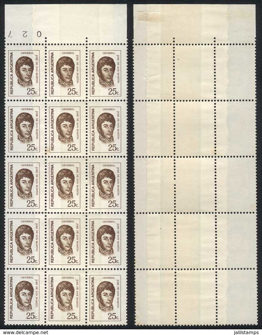ARGENTINA: GJ.1530, 1970/3 25c. San Martín, Block Of 15 With PAPER OVERLAP Variety, Superb, Fantastic! - Andere & Zonder Classificatie