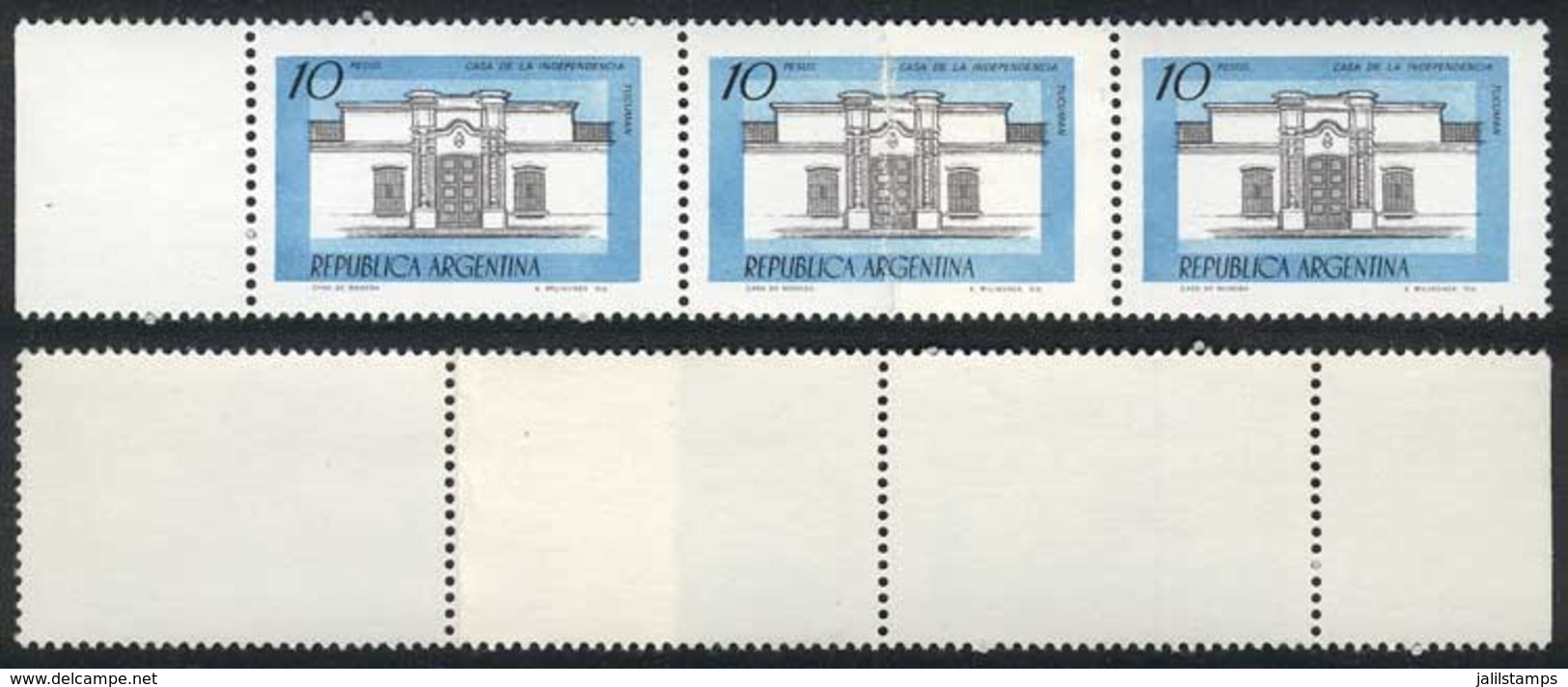 ARGENTINA: GJ.1780, 1977/9 10P. House Of Tucumán, Strip Of 3 With PAPER OVERLAP Variety, VF! - Other & Unclassified