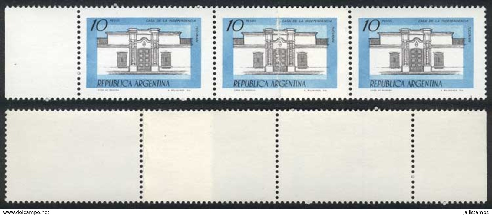 ARGENTINA: GJ.1780, 1977/9 10P. House Of Tucumán, Strip Of 3 With PAPER OVERLAP Variety, VF! - Sonstige & Ohne Zuordnung