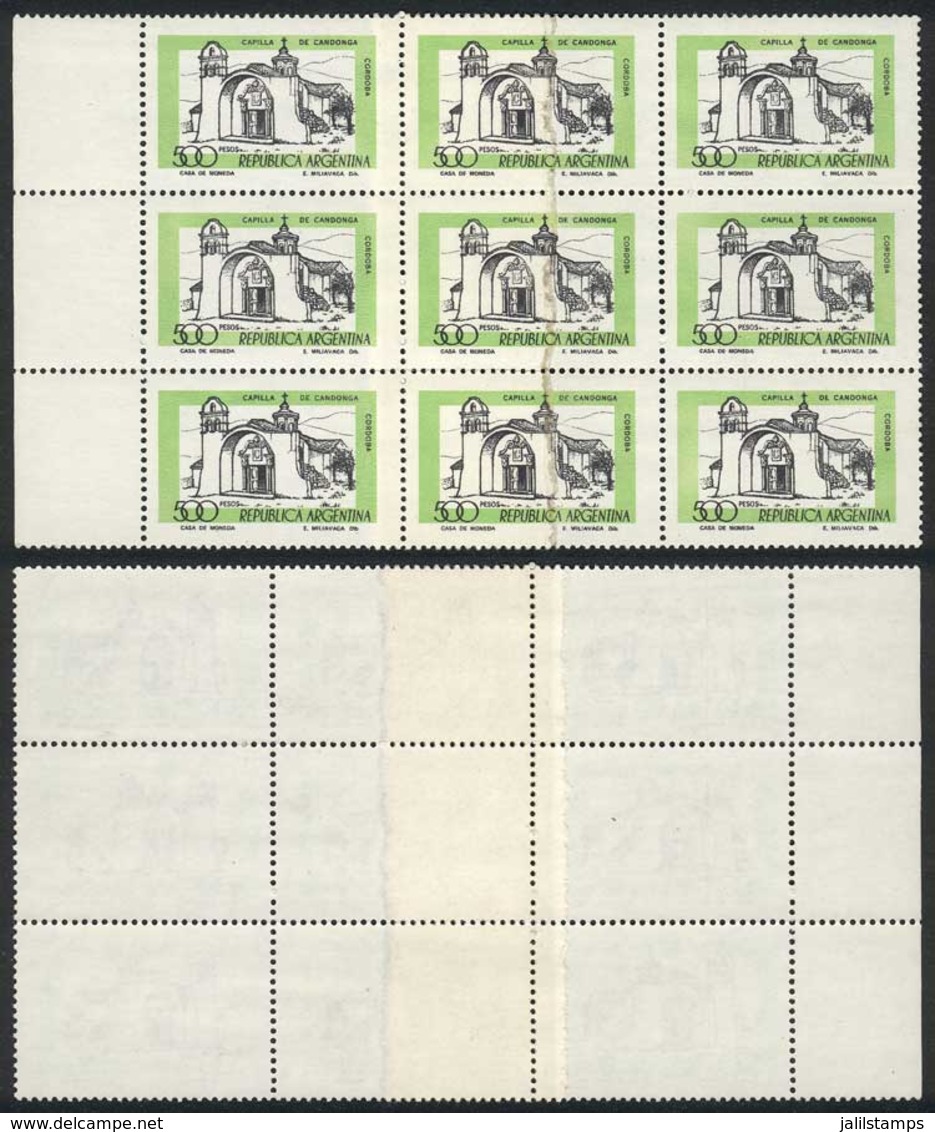 ARGENTINA: GJ.1792, 1977/9 500P. Chapel Of Candonga, Block Of 9 With PAPER OVERLAP Variety, Fantastic! - Sonstige & Ohne Zuordnung