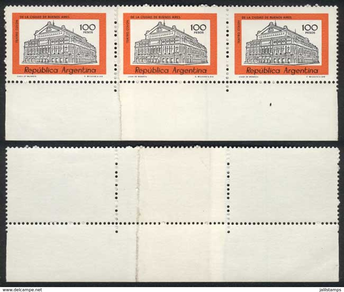 ARGENTINA: GJ.1847A, 1979/82 100P. Colón Theater, Strip Of 3 With PAPER OVERLAP Variety, VF! - Autres & Non Classés