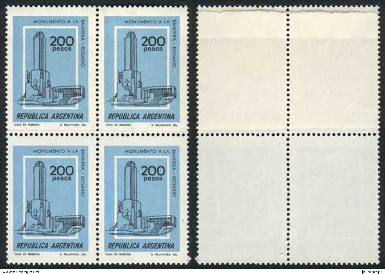 ARGENTINA: GJ.1849, 1979/82 200P. Flag Monument, Block Of 4 With PAPER OVERLAP Variety, VF! - Andere & Zonder Classificatie