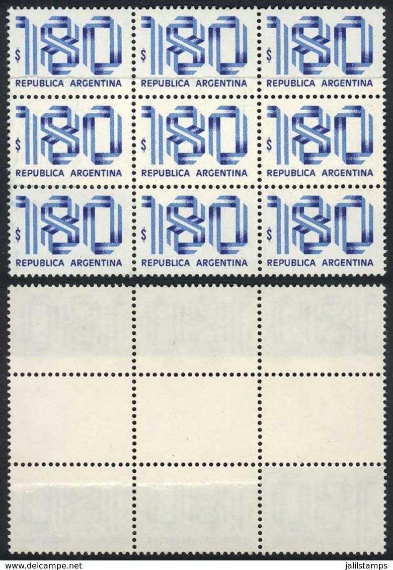 ARGENTINA: GJ.1861, 1979/82 $180 Ribbons, Block Of 9 With PAPER OVERLAP Variety, VF! - Sonstige & Ohne Zuordnung