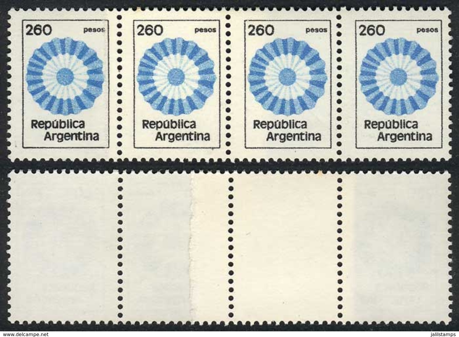 ARGENTINA: GJ.1864, 1979/82 $260 Cockade, Strip Of 4 With PAPER OVERLAP Variety, VF! - Other & Unclassified