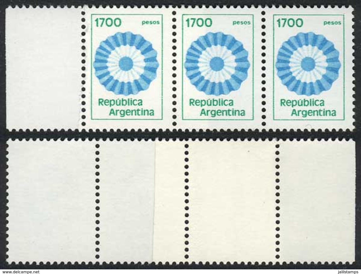ARGENTINA: GJ.1874, 1979/82 $1700 Cockade, Strip Of 3 With PAPER OVERLAP Variety, VF! - Andere & Zonder Classificatie