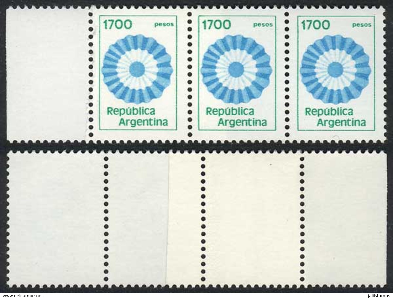 ARGENTINA: GJ.1874, 1979/82 $1700 Cockade, Strip Of 3 With PAPER OVERLAP Variety, VF! - Sonstige & Ohne Zuordnung