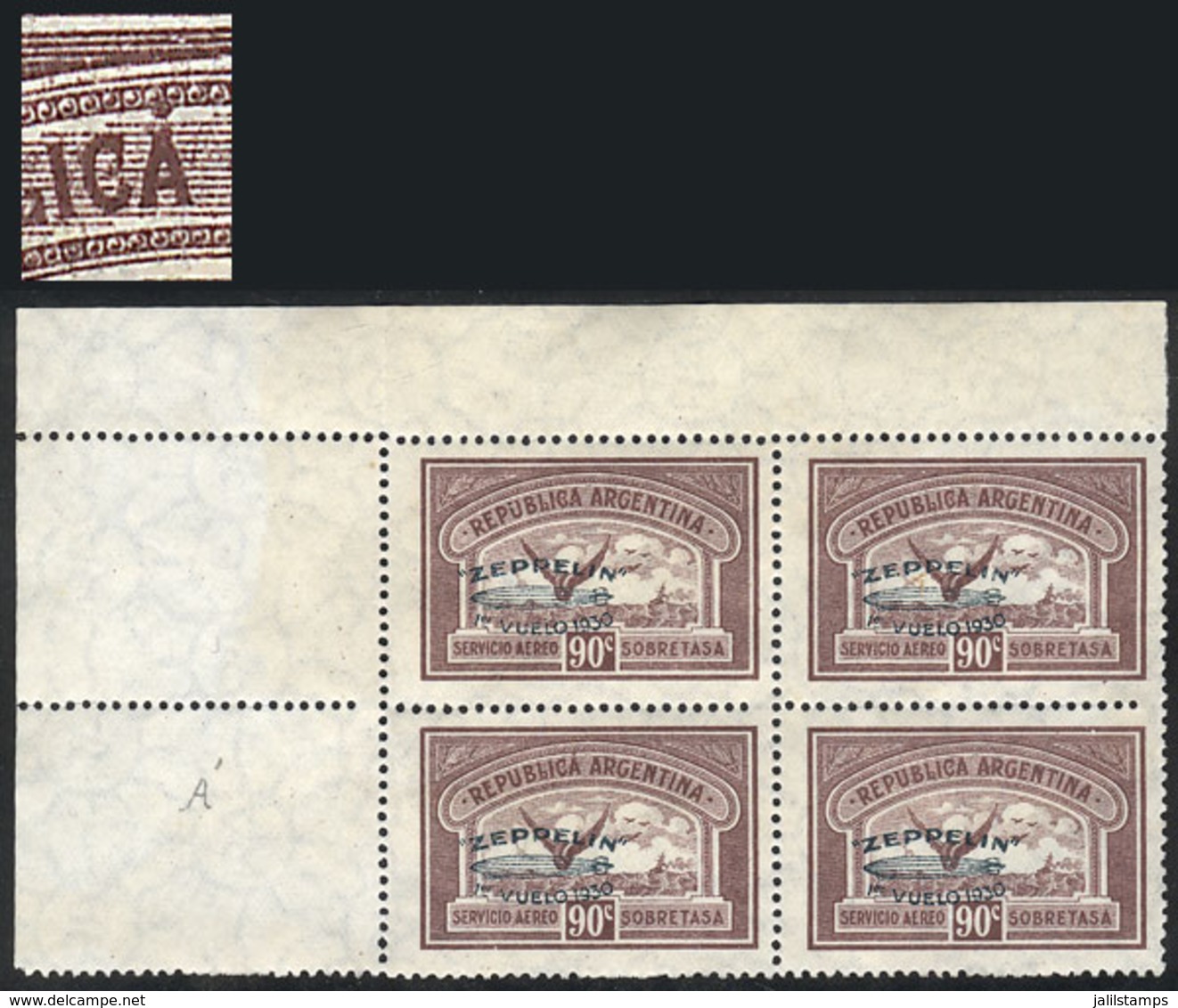 ARGENTINA: GJ.667 + 667a, 1930 90c. Zeppelin With Green Overprint, Corner Block Of 4, One With "REPUBLICÁ" Variety, And  - Sonstige & Ohne Zuordnung