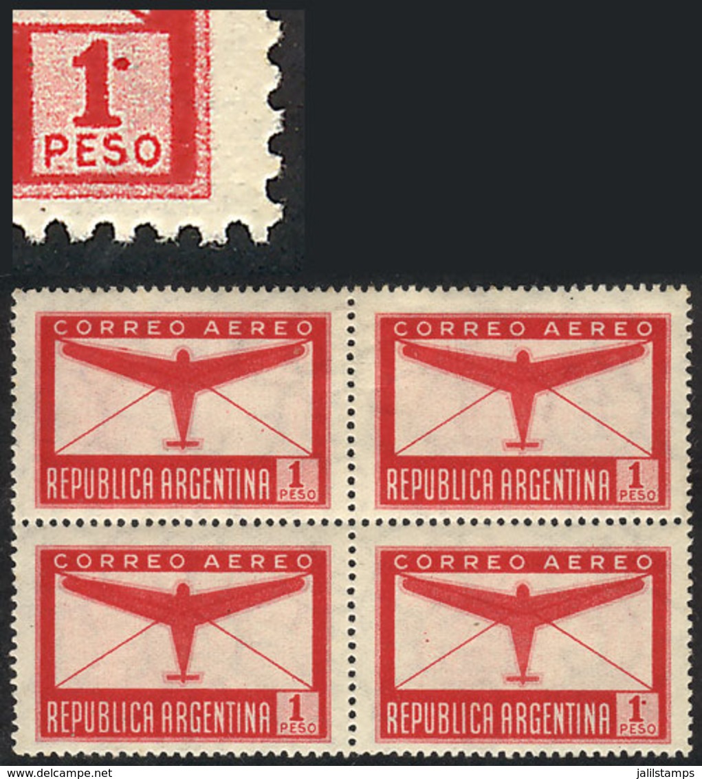 ARGENTINA: GJ.847a, 1940 1P. Sylized Airplane, Block Of 4, One With Variety "1 With Period", VF And Scarce!" - Sonstige & Ohne Zuordnung