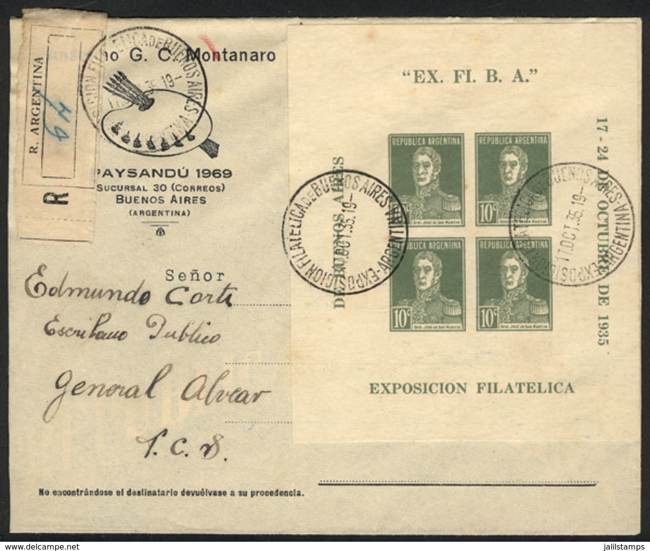 ARGENTINA: GJ.1, Franking A Registered Cover Sent From Buenos Aires To General Alvear On 17/OC/1935 (first Day Of Issue) - Other & Unclassified