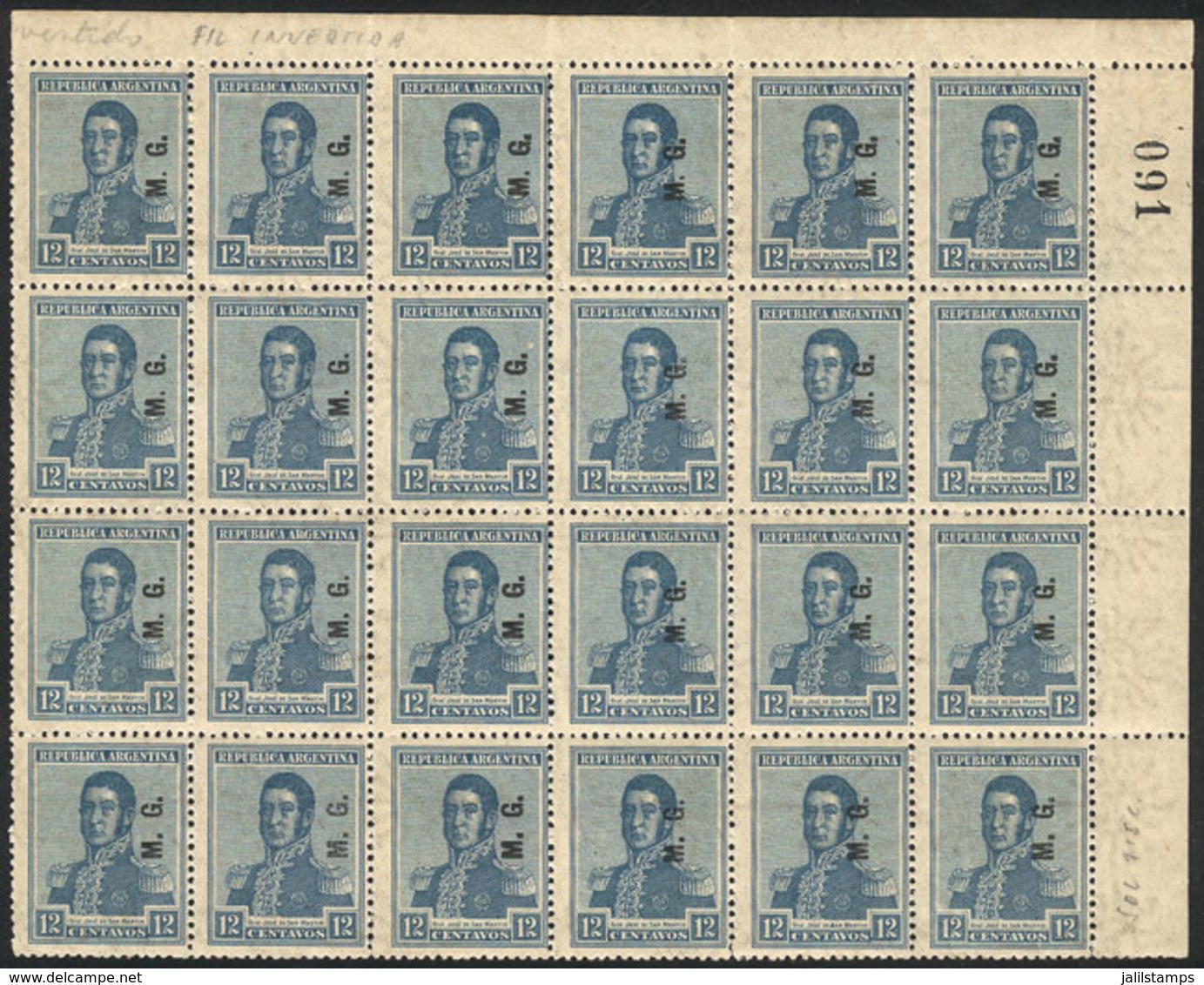 ARGENTINA: GJ.167, Beautiful Corner Block Of 24 With Plate Number, Inverted Watermark Variety, VF, Catalog Value US$120+ - Dienstmarken