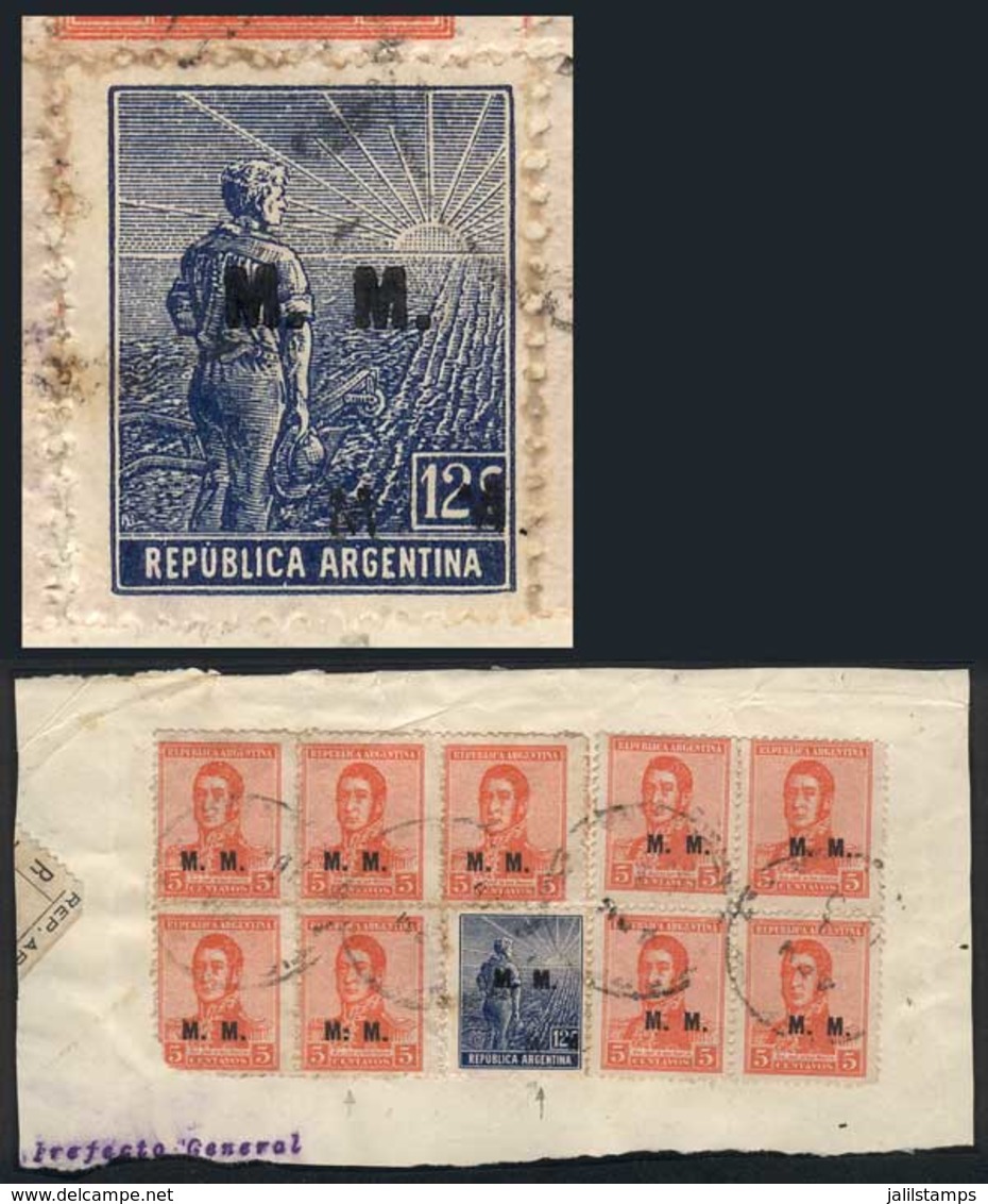 ARGENTINA: GJ.454b, 1912 Plowman 12c. On German Paper With DOUBLE OVERPRINT Variety Not Yet Listed, On A Fragment Along  - Oficiales