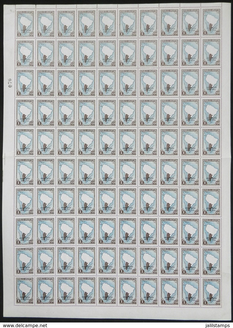 ARGENTINA: GJ.649, 1P. Map, Printed On CHALKY Paper, Complete Sheet Of 100 Examples, MNH, Excellent Quality, Rare! - Officials