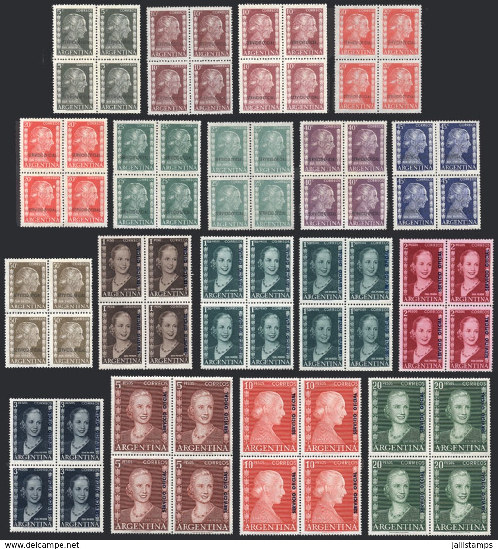 ARGENTINA: GJ.685/702, 1952 Eva Perón, Cmpl. Set Of 18 Values In BLOCKS OF 4 Mint Without Gum, Fine To VF Quality, Catal - Service