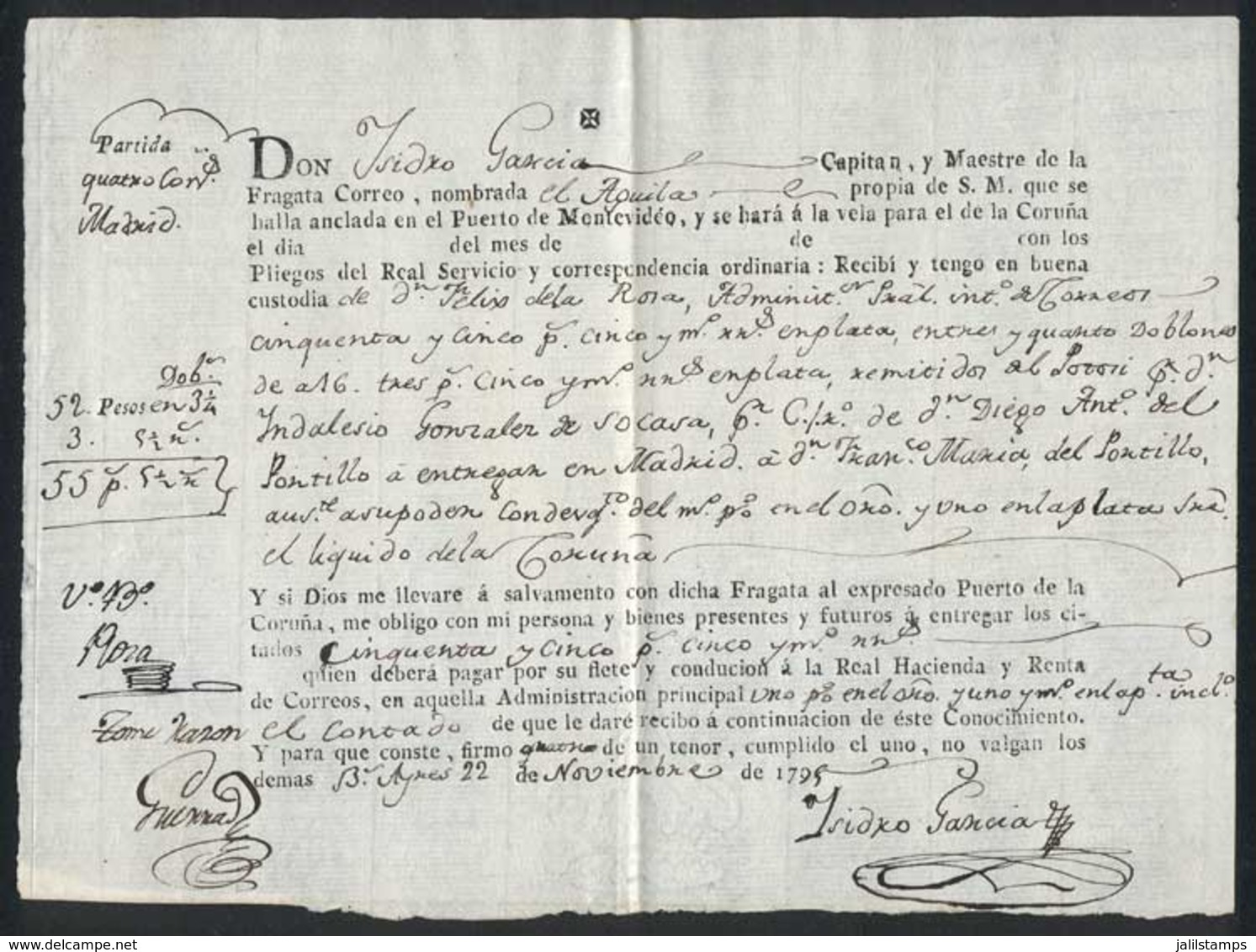 ARGENTINA: Bill Of Lading Of 22/NO/1799, Shipment Sent By Postmaster Felix De La Rosa Of Renta Postal To The Administrac - Autres & Non Classés
