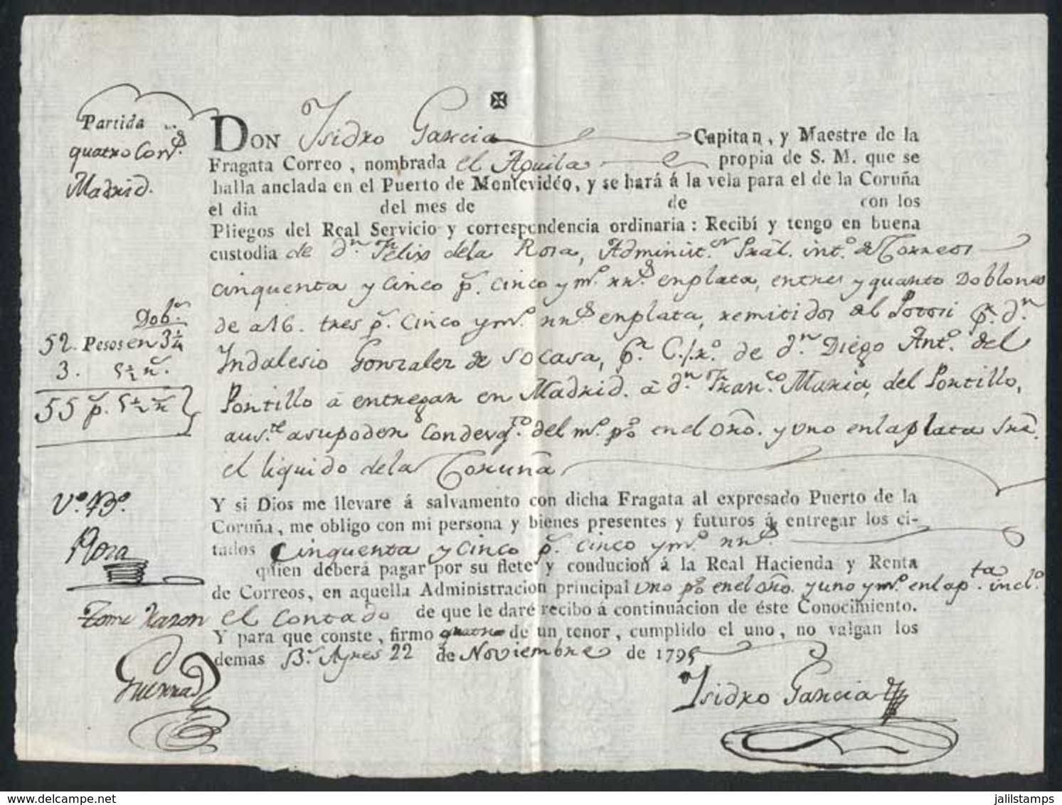 ARGENTINA: Bill Of Lading Of 22/NO/1799, Shipment Sent By Postmaster Felix De La Rosa Of Renta Postal To The Administrac - Sonstige & Ohne Zuordnung