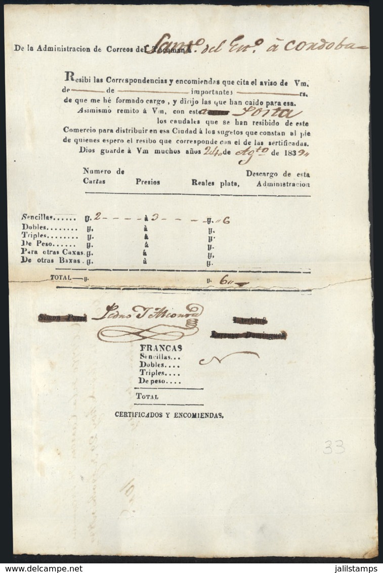 ARGENTINA: Guide Of Mail Sent From Santiago Del Estero To Córdoba On 24/AU/1939, VF Quality! - Other & Unclassified