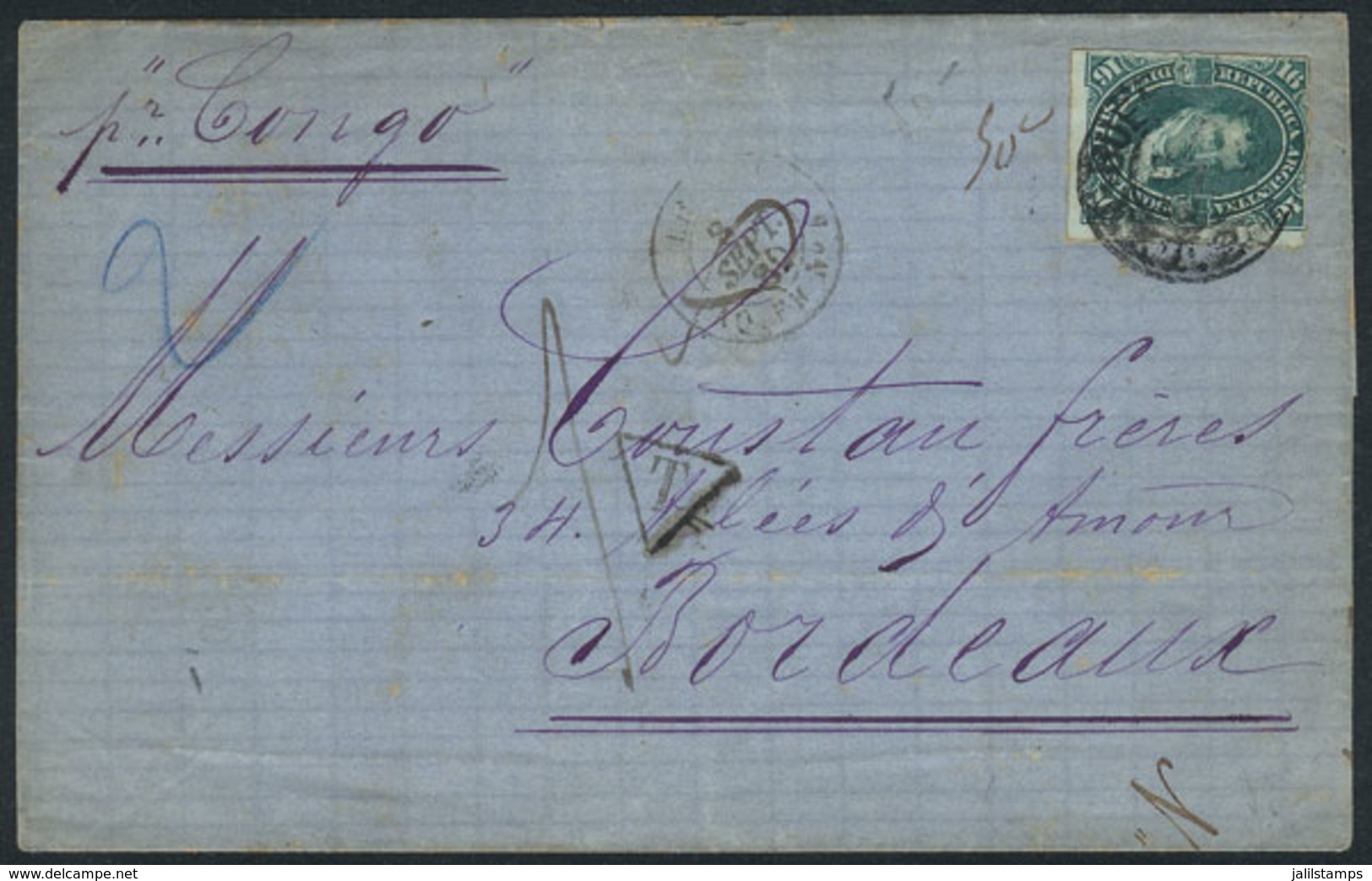 ARGENTINA: Folded Cover Sent From Buenos Aires To France By Steamship "Congo" On 8/SE/1880, Franked By GJ.50 (16c. Roule - Sonstige & Ohne Zuordnung