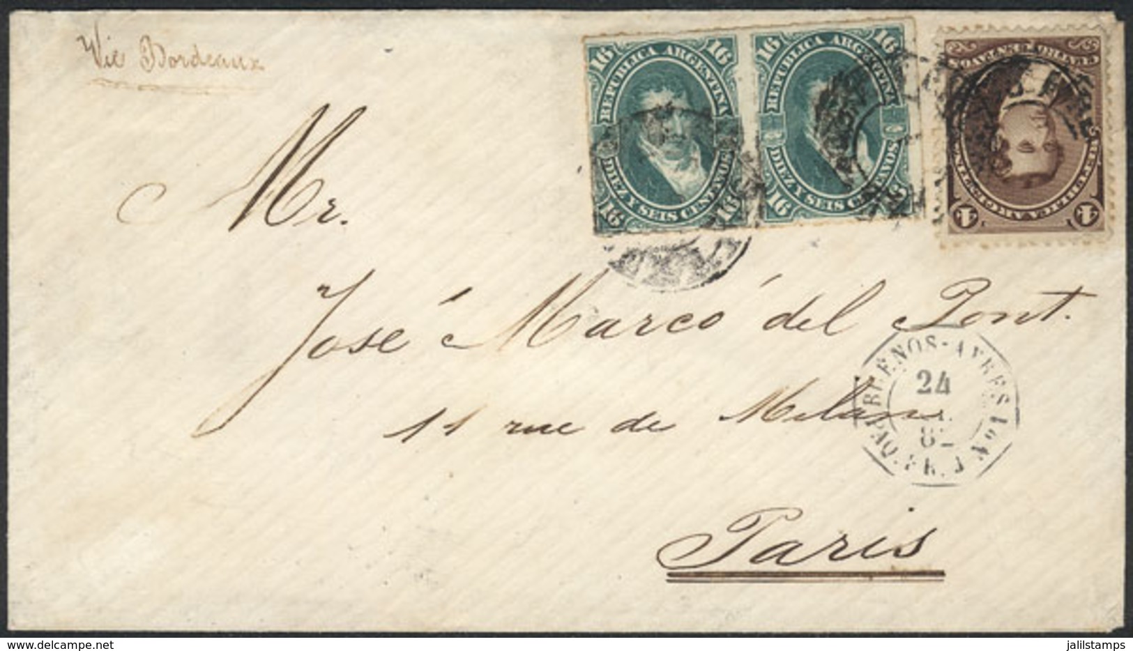 ARGENTINA: Cover Franked By GJ.36 + Pair GJ.50 (total 36c.), Sent From Buenos Aires To France On 24/JUN/1882, Excellent  - Other & Unclassified