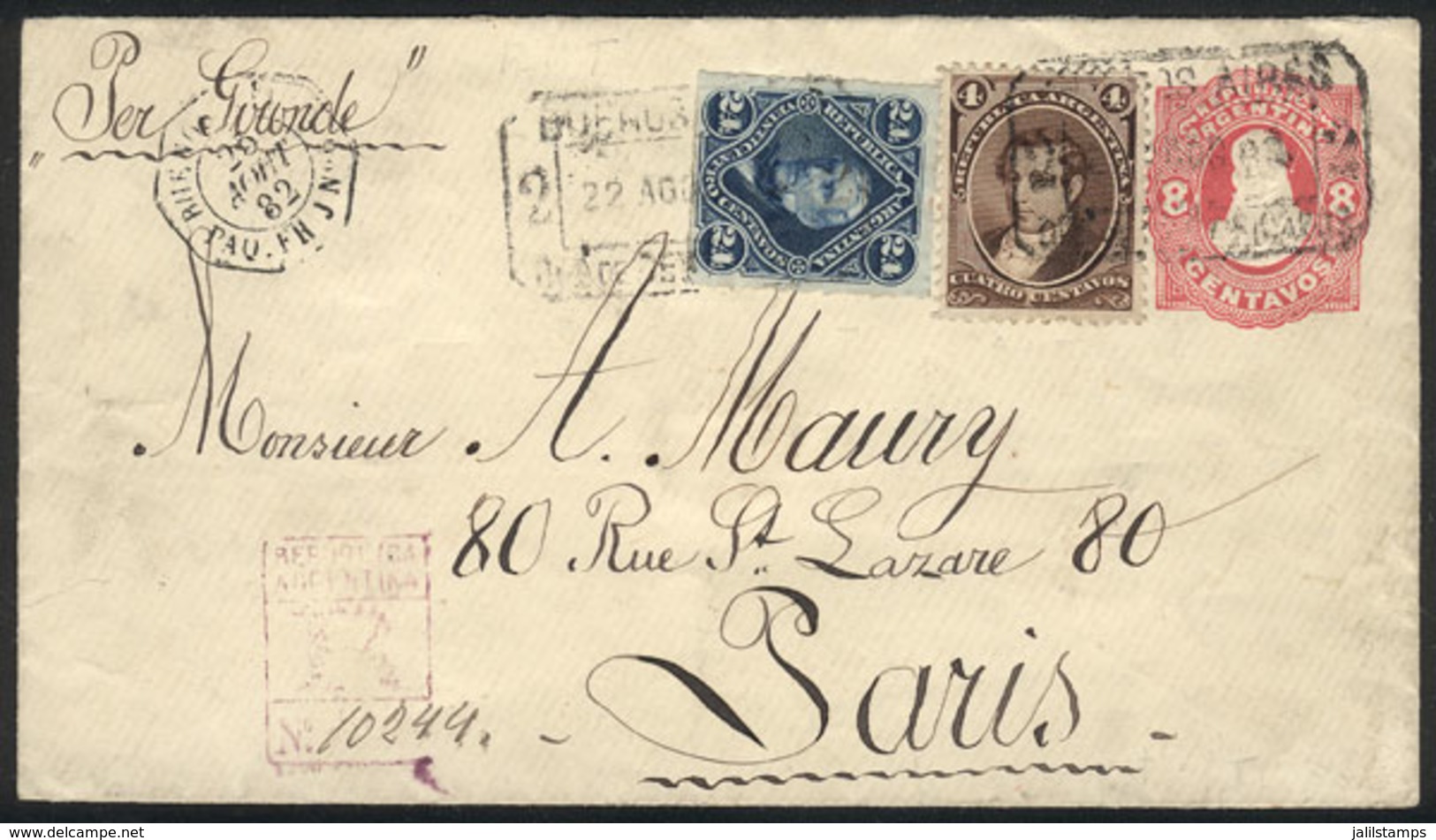 ARGENTINA: 22/AU/1882 Buenos Aires - Paris, 8c. Stationery Envelope Uprated With 28c. (GJ.36 + 52), Sent By Registered M - Other & Unclassified