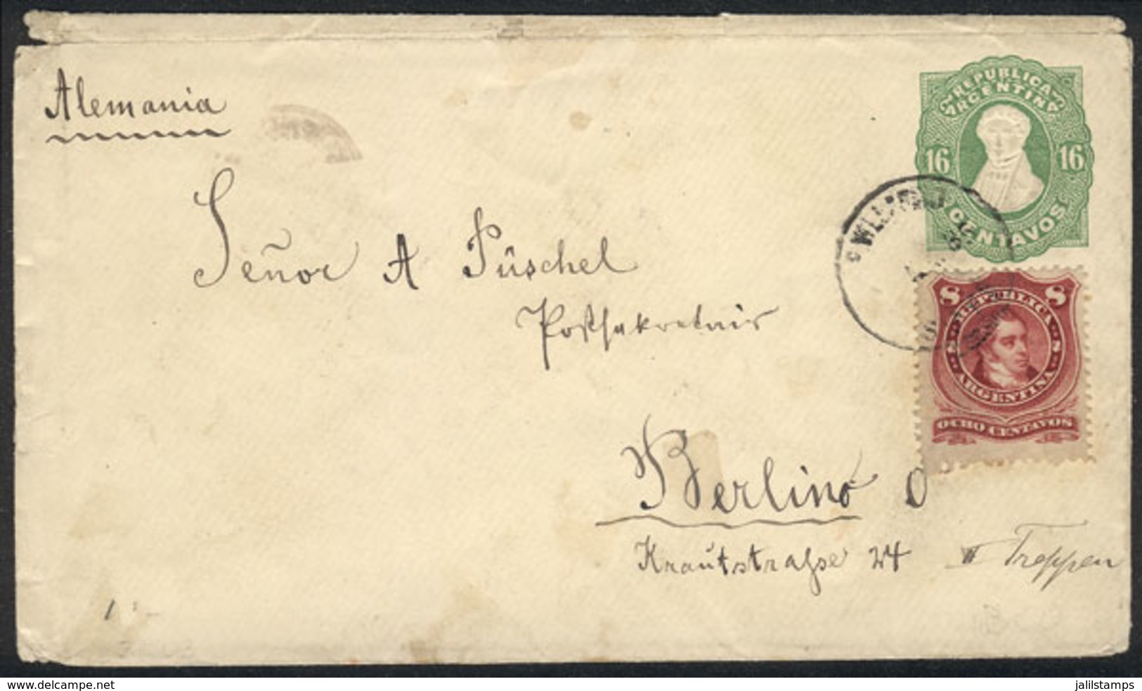 ARGENTINA: 16c. Stationery Envelope + GJ.54B (total Postage 24c.) With Illegible Postmark (apparently Of VILLAGUAY, Entr - Sonstige & Ohne Zuordnung