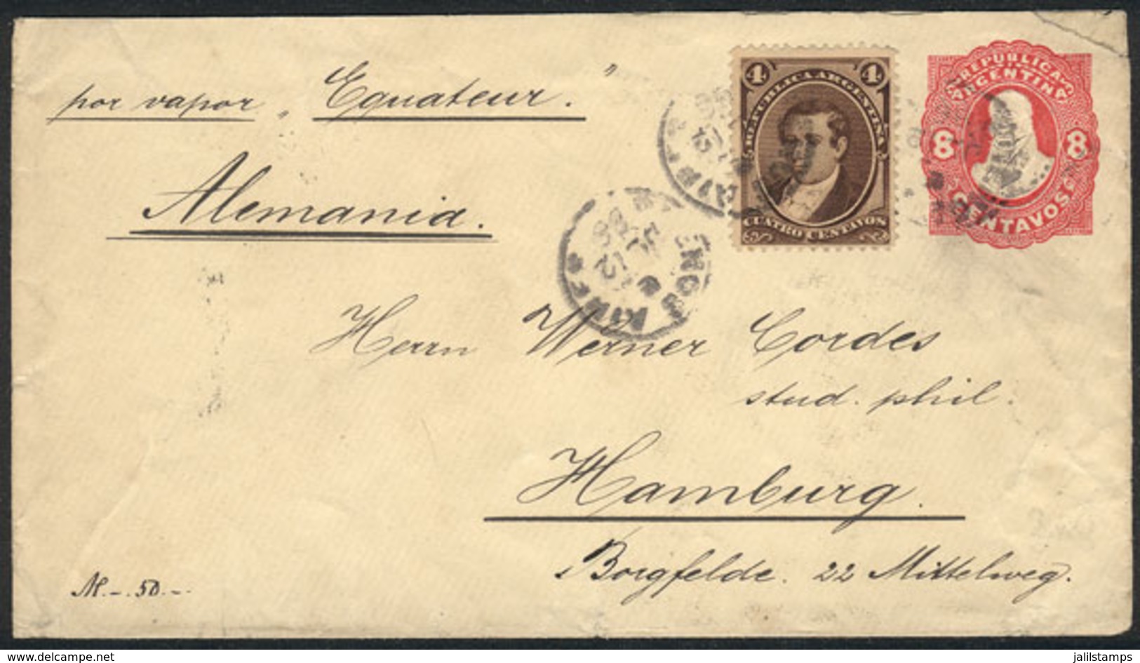 ARGENTINA: 8c. Stationery Envelope + GJ.36 (total Postage 12c.) Sent From Buenos Aires To Germany On 12/JUL/1886, VF! - Sonstige & Ohne Zuordnung