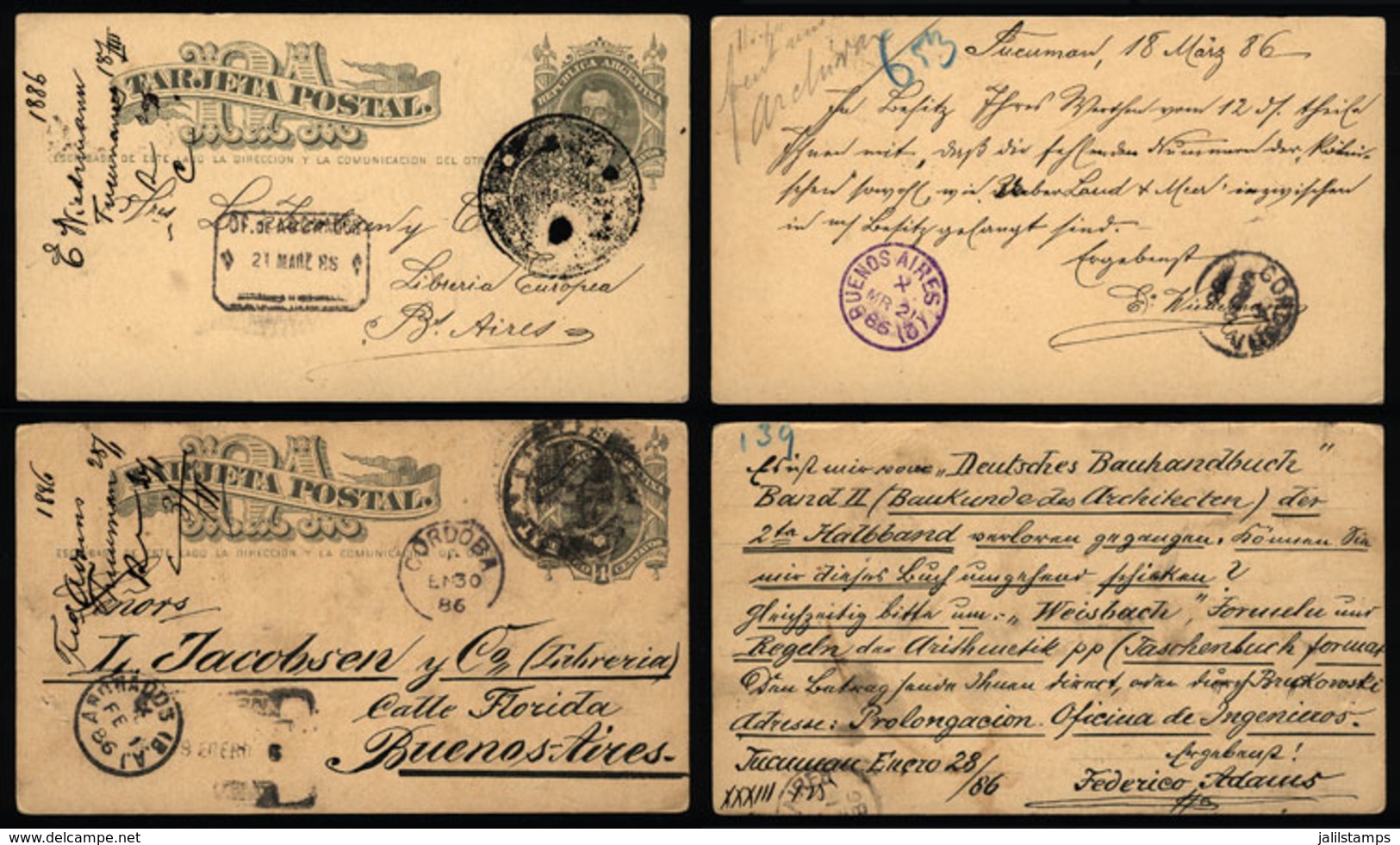ARGENTINA: 2 Postal Cards Of 4c. Sent From Tucumán To Buenos Aires On 28/JA And 18/MAR/1886, With Very Rare Circular Can - Other & Unclassified