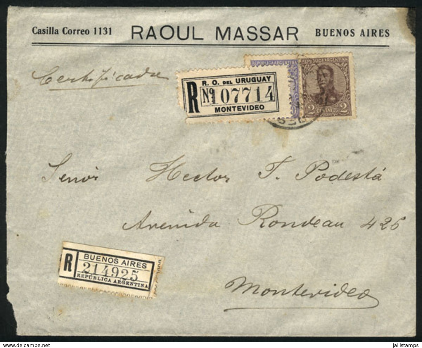 ARGENTINA: Registered Cover Franked By GJ.277 + 284 (total 22c.) Sent From Buenos Aires To Montevideo On 12/OC/1909, Ver - Sonstige & Ohne Zuordnung