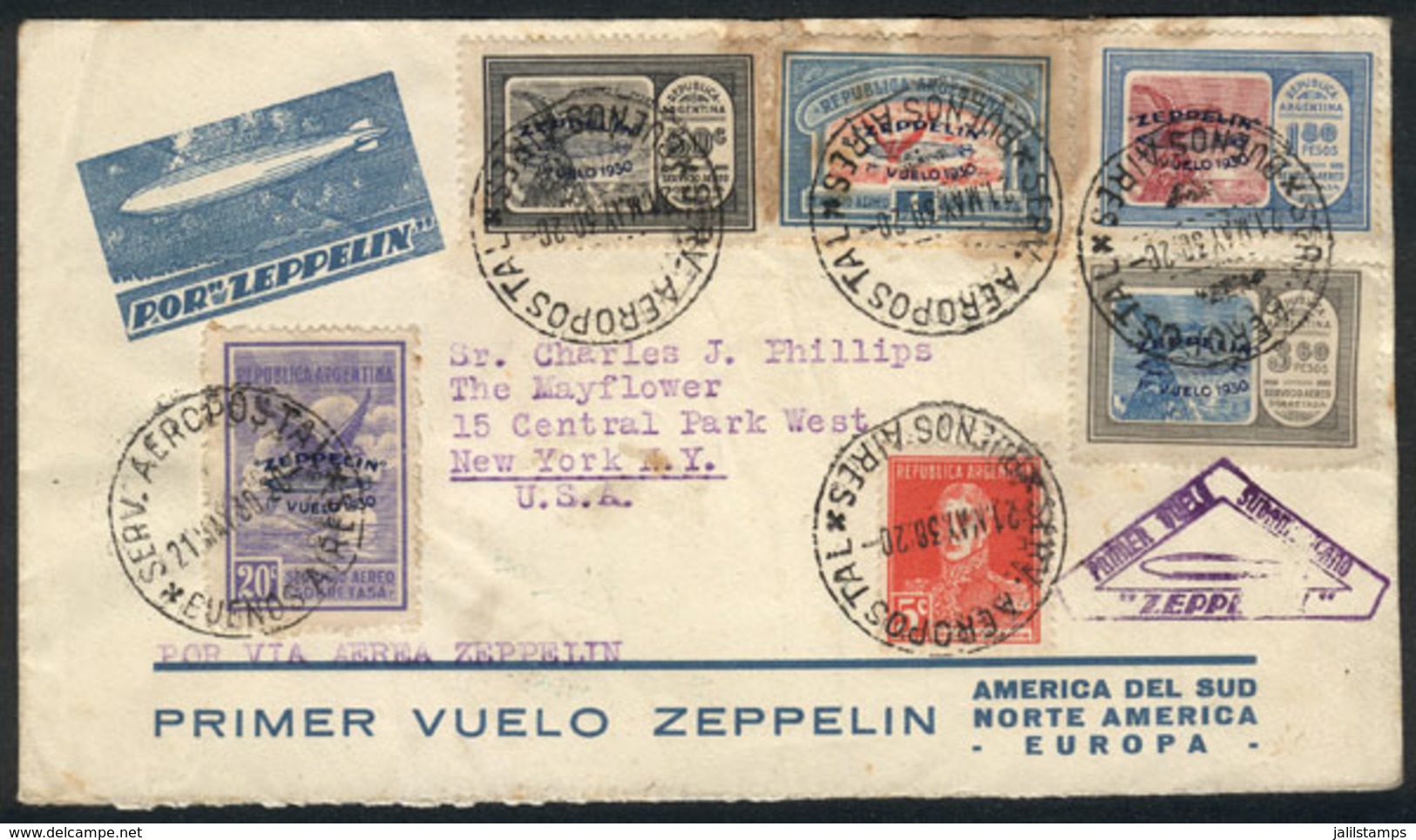 ARGENTINA: Cover Franked With The Zeppelin Set Of 5 Values With Blue Overprint (the 20c. Value With Green Overprint), Se - Sonstige & Ohne Zuordnung