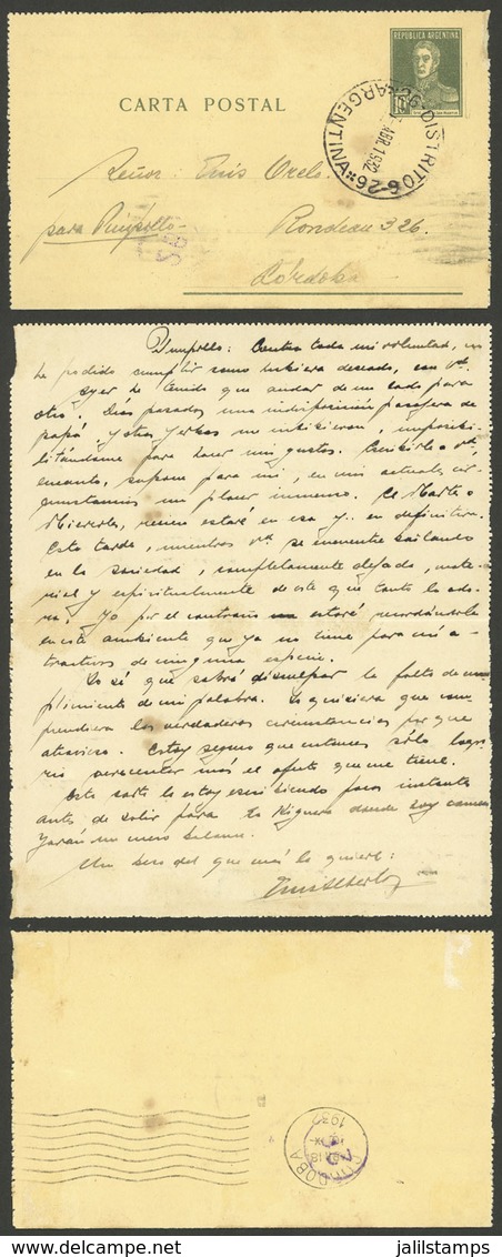 ARGENTINA: BEAUTIFUL LOVE LETTER BETWEEN TWO MEN: 10c. Lettercard Sent From A Town In The Province Of Córdoba To Córdoba - Sonstige & Ohne Zuordnung